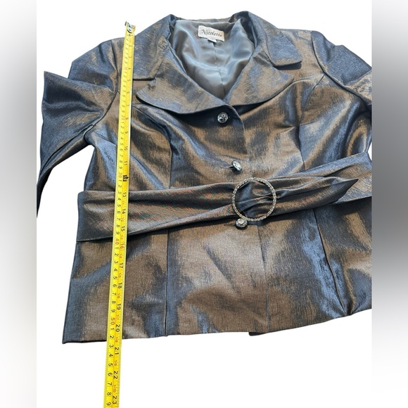 Nicolette Metallic Silver Evening Jacket Rhinestone Belt Formal Blazer 10 Medium - Picture 8 of 16